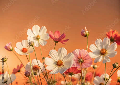 Minimalist Cosmos Field: Sunny Rural Landscape, Blooming Pink & White Flowers
