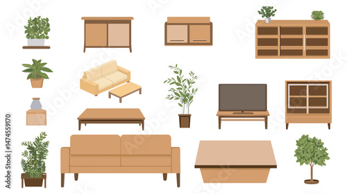 Modern flat living room interior with minimalist furniture, soft neutral tones, cozy decor elements, and natural lighting, creating a comfortable and stylish urban home environment.