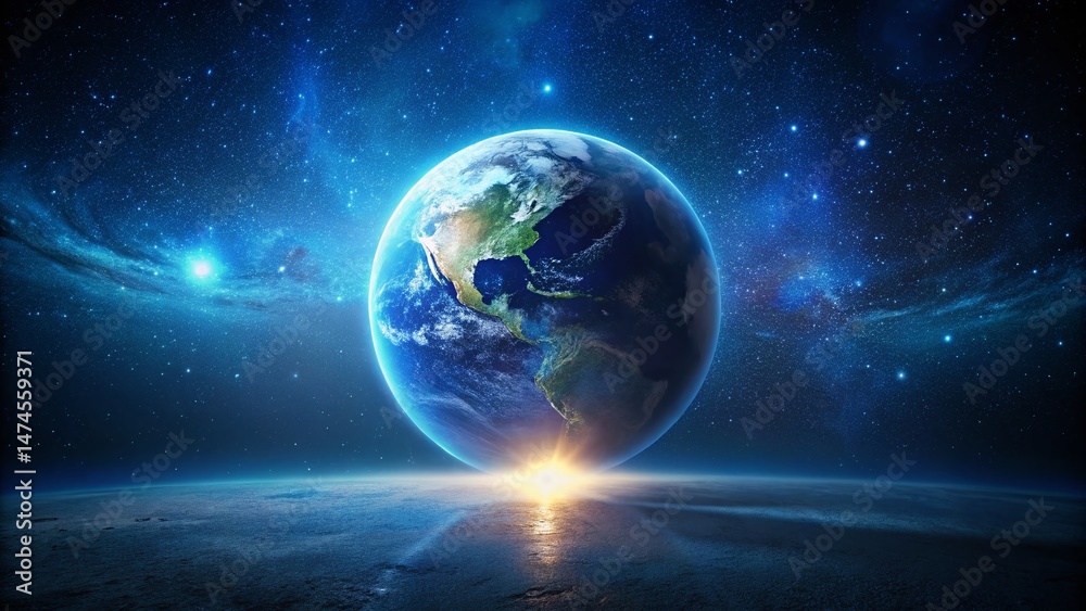 Fototapeta premium Minimalist Earth Hour Background: Dark Blue Globe & Glowing Lights