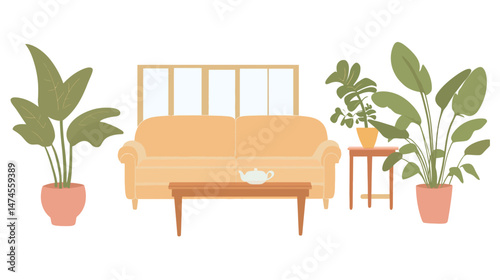 Modern flat living room interior with minimalist furniture, soft neutral tones, cozy decor elements, and natural lighting, creating a comfortable and stylish urban home environment.