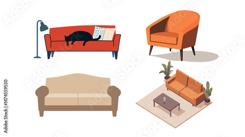 Modern flat living room interior with minimalist furniture, soft neutral tones, cozy decor elements, and natural lighting, creating a comfortable and stylish urban home environment.
