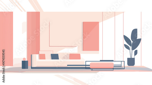 Modern flat living room interior with minimalist furniture, soft neutral tones, cozy decor elements, and natural lighting, creating a comfortable and stylish urban home environment.