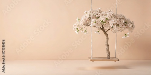Minimalist Flowering Tree Swing - Serene Spring Scene