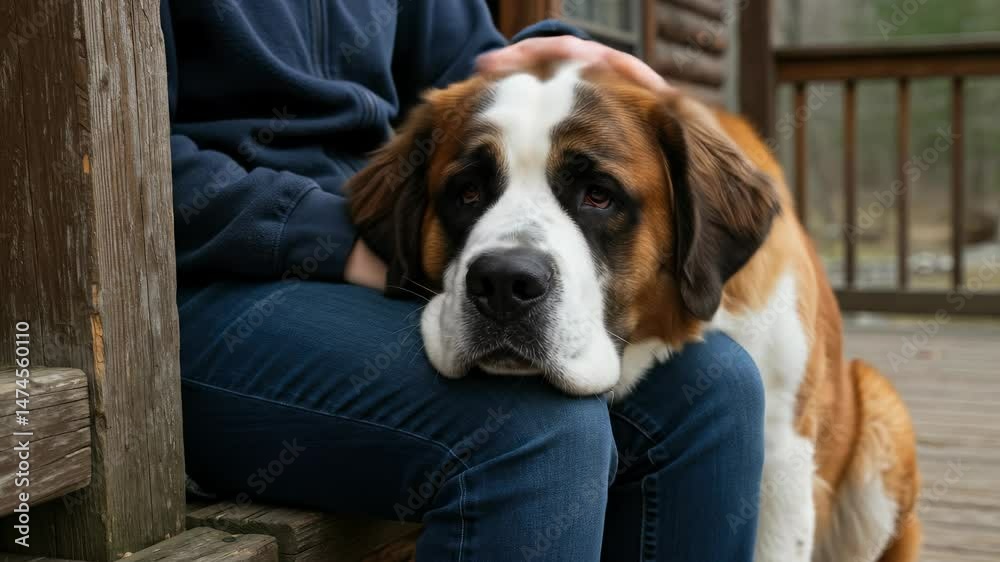 Large Saint Bernard dog rests its head on a human lap on a wooden porch Large Saint Bernard dog rests its head on a human lap on a wooden porch