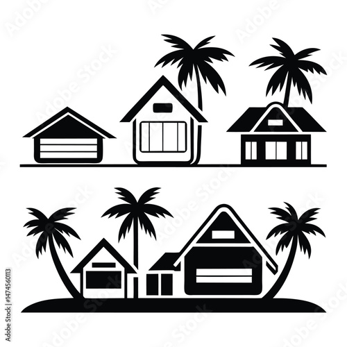 Tropical Beach House Silhouette Vector Set with Palm Trees photo