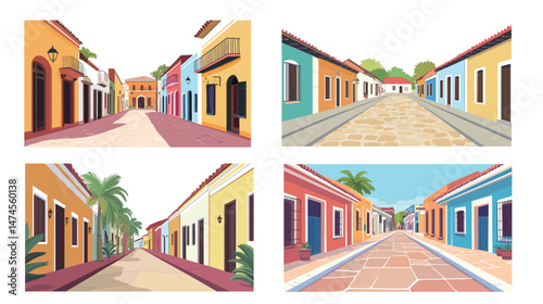 Looking down on a modest Latino colonial street with traditional architecture, warm earthy tones, tiled rooftops, and narrow alleyways, evoking a peaceful, historical, and cultural atmosphere.