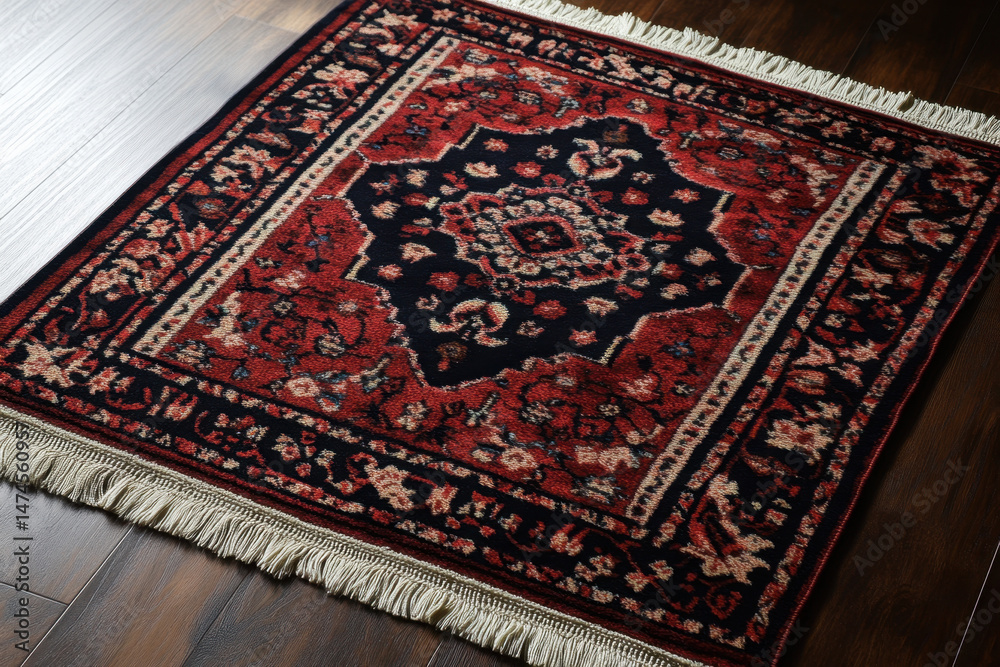 Intricate red and black rug with fringed edges placed on hardwood floor. Elegant and sophisticated indoor setting captures classic style and warmth. Intricate red and black rug with fringed edges placed on hardwood floor. Elegant and sophisticated indoor setting captures classic style and warmth.