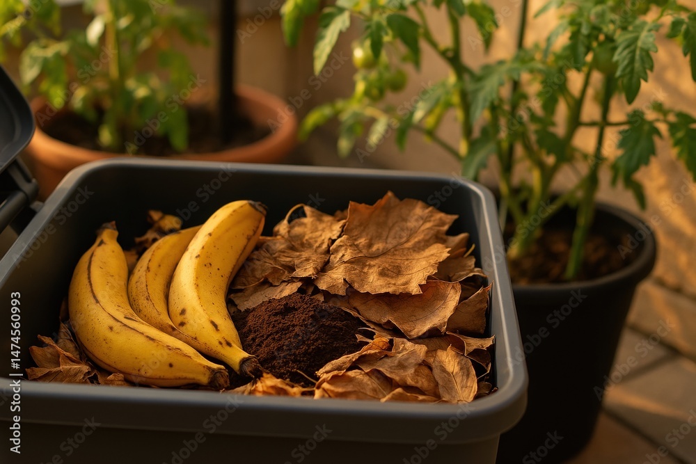 Organic waste composting with banana peels, dry leaves, and coffee grounds in a domestic composter, promoting sustainable gardening practices