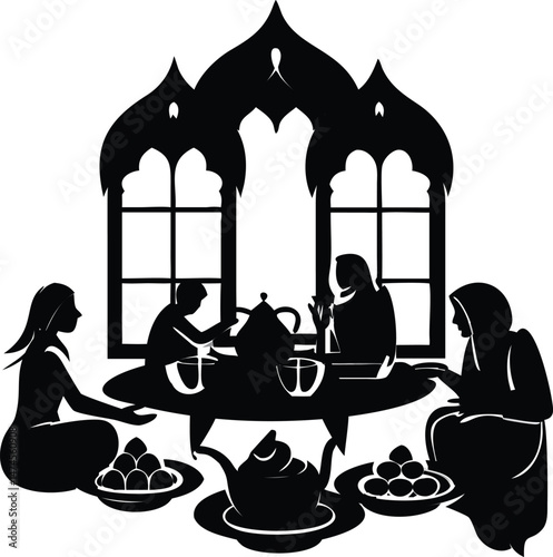 Silhouette of Muslim Women Sharing Tea and Sweets in an Elegant Setting