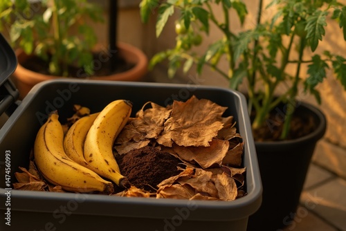 Obraz na płótnie Organic waste composting with banana peels, dry leaves, and coffee grounds in a domestic composter, promoting sustainable gardening practices w salonie