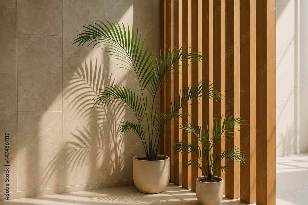 Potted parlor palms casting shadows in sunlit hallway with wooden partition and beige tiles, showcasing biophilic design