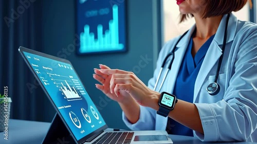 Medical professional analyzing health data on a tablet in a modern clinic with digital charts photo