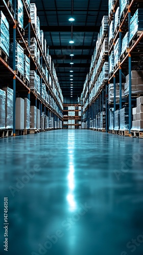 Warehouse interior with rows of shelves stacked with various goods, creating a long perspective view