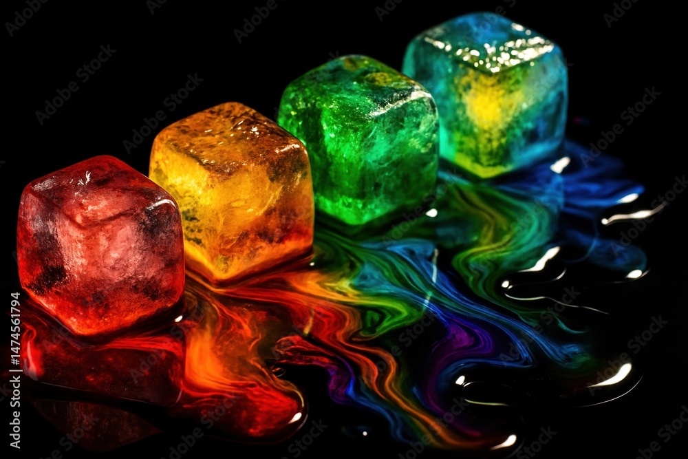 Four colorful ice cubes melting on a black surface, creating a vibrant and abstract rainbow effect