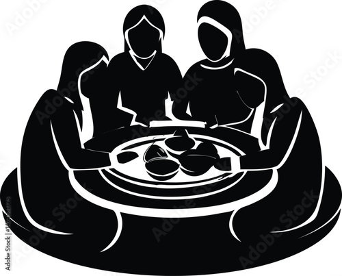 Silhouette of Four Women Sharing a Meal at a Round Table