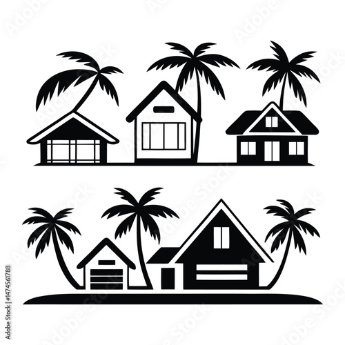 Tropical Beach House Silhouette Vector Set with Palm Trees