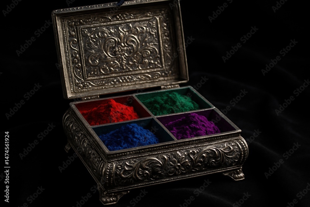 Vibrant gulal powder neatly arranged in a decorative silver box, symbolizing the joyous celebration of Holi festival