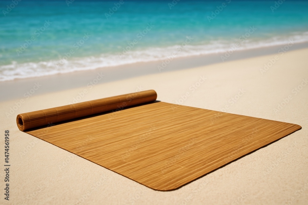 Rolled bamboo mat on a white sand beach with turquoise water, perfect for summer vacation and relaxation