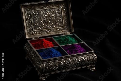 Obraz na płótnie Vibrant gulal powder neatly arranged in a decorative silver box, symbolizing the joyous celebration of Holi festival w salonie
