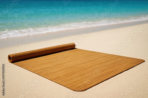 Obraz na płótnie Rolled bamboo mat on a white sand beach with turquoise water, perfect for summer vacation and relaxation w salonie