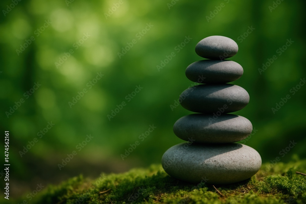 Five stones balancing on each other in a peaceful forest, creating a serene atmosphere