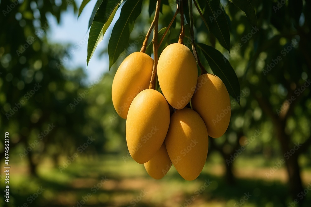 Bunch of ripe yellow mangoes hanging from a branch, illuminated by sunlight in a mango orchard
