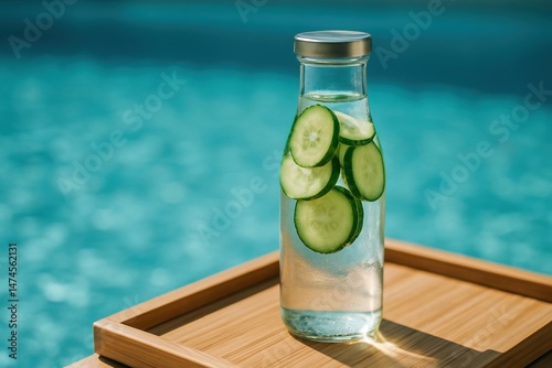 Glass bottle of cucumber infused detox water standing on a wooden tray by the pool on a sunny day