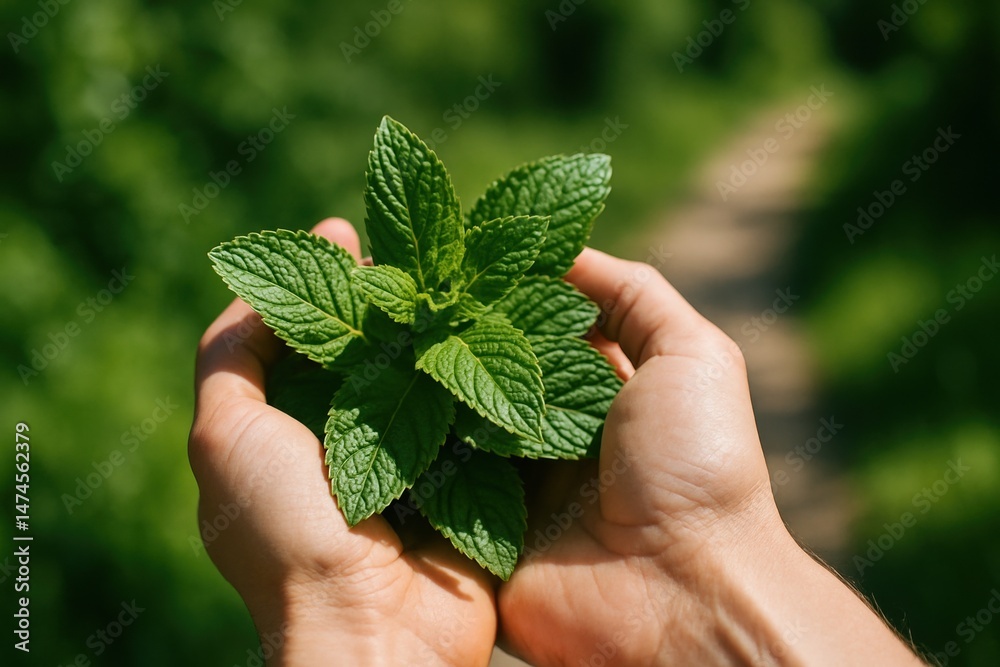 Farmer showing aromatic mint leaves in his hands in a cultivated field, on a sunny summer day Farmer showing aromatic mint leaves in his hands in a cultivated field, on a sunny summer day