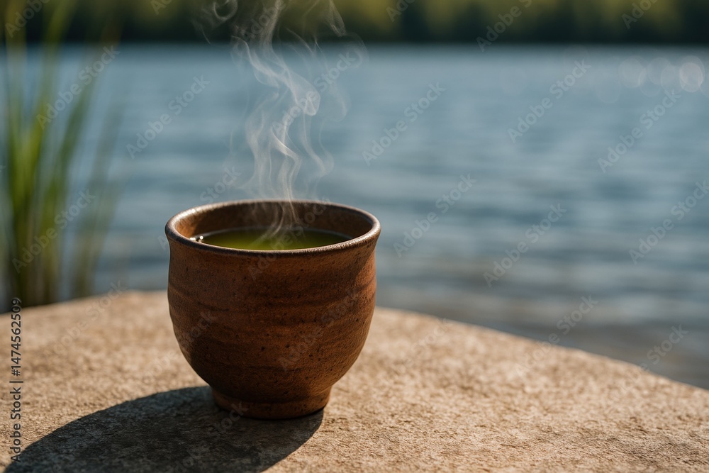 Relaxing with hot green tea in a ceramic cup by the lake on a summer day