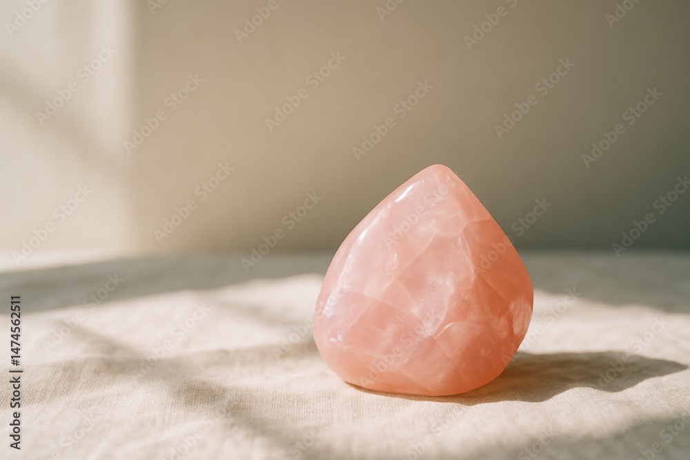 Polished rose quartz crystal on beige linen under natural light, promoting tranquility and wellness