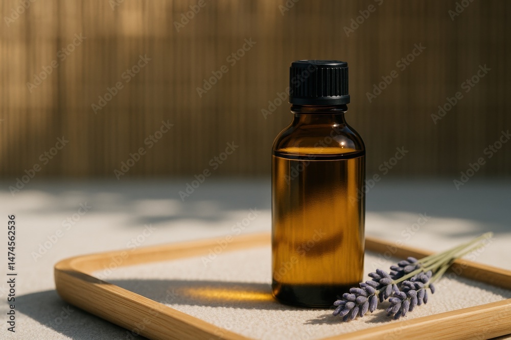 Small amber bottle of essential oil with dried lavender flowers on a wooden tray, promoting aromatherapy and relaxation