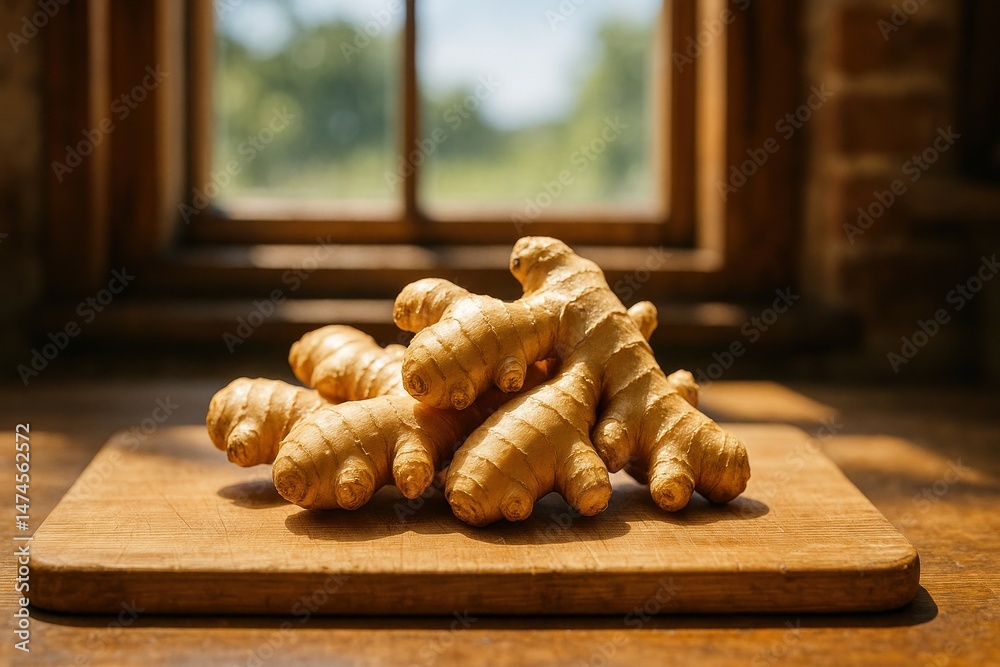 Fresh ginger roots sit on a wooden cutting board, bathed in sunlight streaming through a nearby window