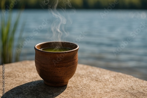 Obraz na płótnie Relaxing with hot green tea in a ceramic cup by the lake on a summer day w salonie