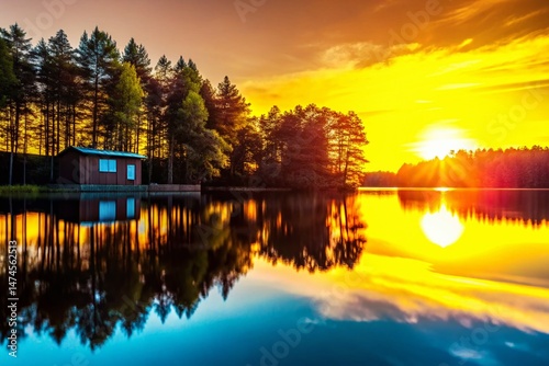Minimalist Sunset Reflection: Serene Forest Lake Mirror at Golden Hour