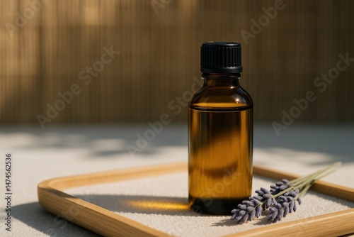Obraz na płótnie Small amber bottle of essential oil with dried lavender flowers on a wooden tray, promoting aromatherapy and relaxation w salonie