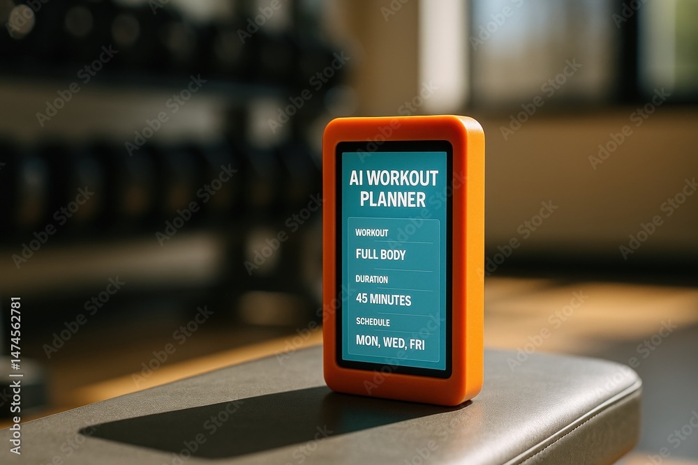 AI workout planner on a small device shows a full body workout in a gym setting