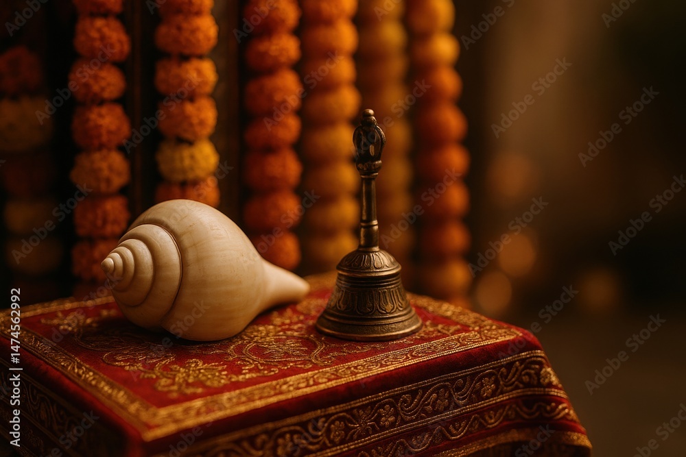 Conch shell and a bell are placed on a small, richly decorated altar, creating a serene and spiritual atmosphere during a religious ceremony