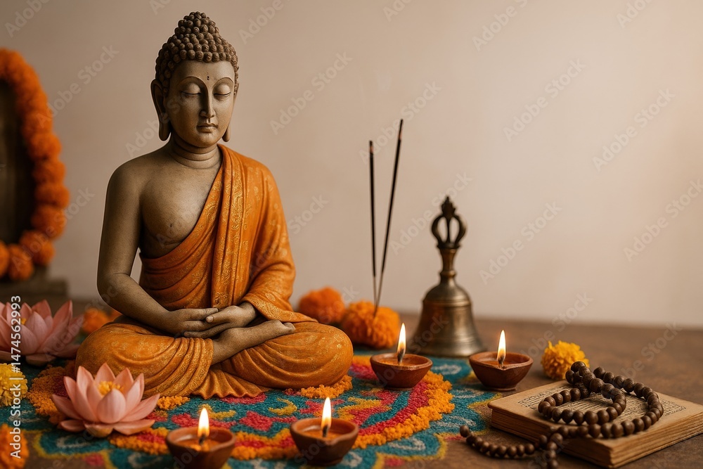 Serene Buddha statue meditating, surrounded by lit candles, incense sticks, flowers, and prayer beads, celebrating Vesak, Buddha's birthday