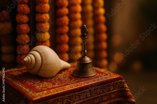 Obraz na płótnie Conch shell and a bell are placed on a small, richly decorated altar, creating a serene and spiritual atmosphere during a religious ceremony w salonie
