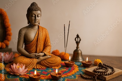 Obraz na płótnie Serene Buddha statue meditating, surrounded by lit candles, incense sticks, flowers, and prayer beads, celebrating Vesak, Buddha's birthday w salonie