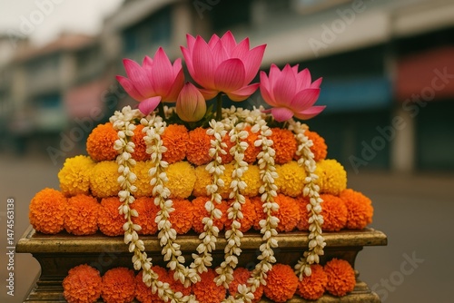 Obraz na płótnie Beautiful arrangement of lotus flowers and marigolds, creating a vibrant and colorful display during Thrissur Pooram festival w salonie