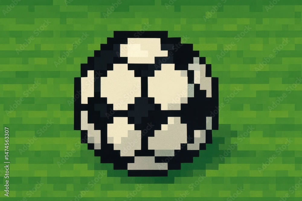 Pixelated soccer ball resting on vibrant green pixelated grass