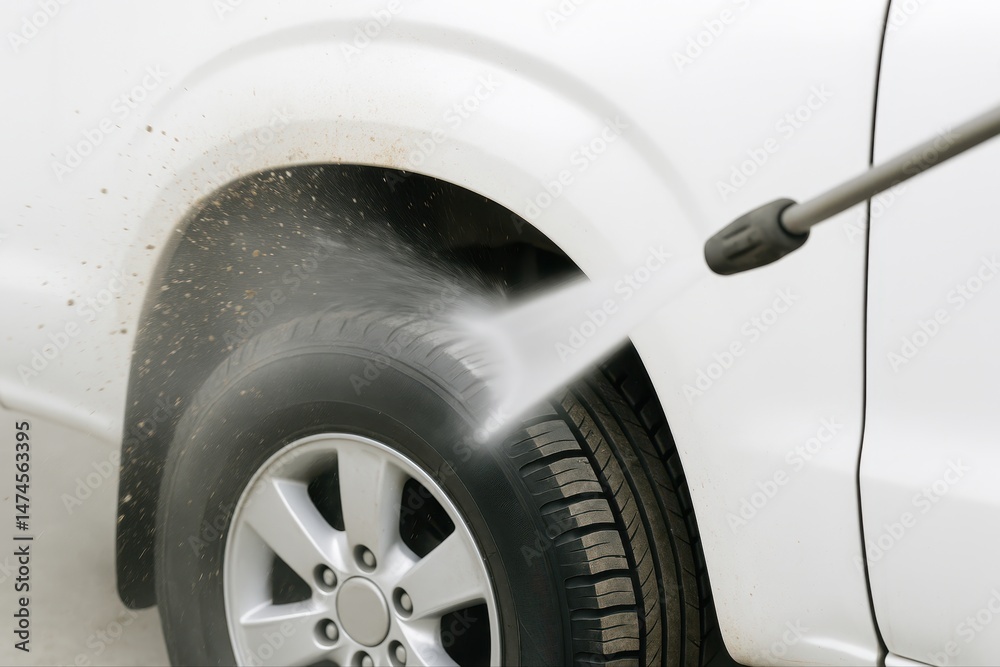 High pressure water jet removing dirt and grime from car wheel arch during detailing process