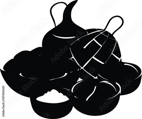 Black and White Silhouette of Traditional African Food and Drink