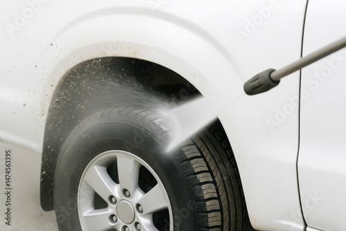 Obraz na płótnie High pressure water jet removing dirt and grime from car wheel arch during detailing process w salonie