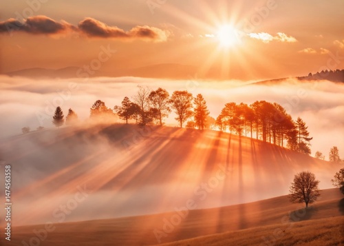 Misty Hill Silhouette: Trees and Rolling Hills at Dawn