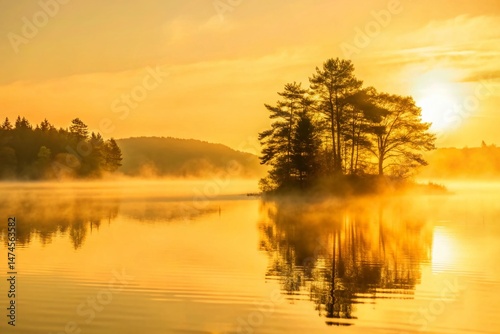 Misty Lake Sunrise: Serene Morning Fog Over Calm Water