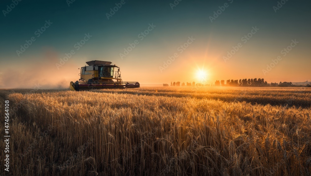 Fototapeta premium Combine harvester working in field at sunset