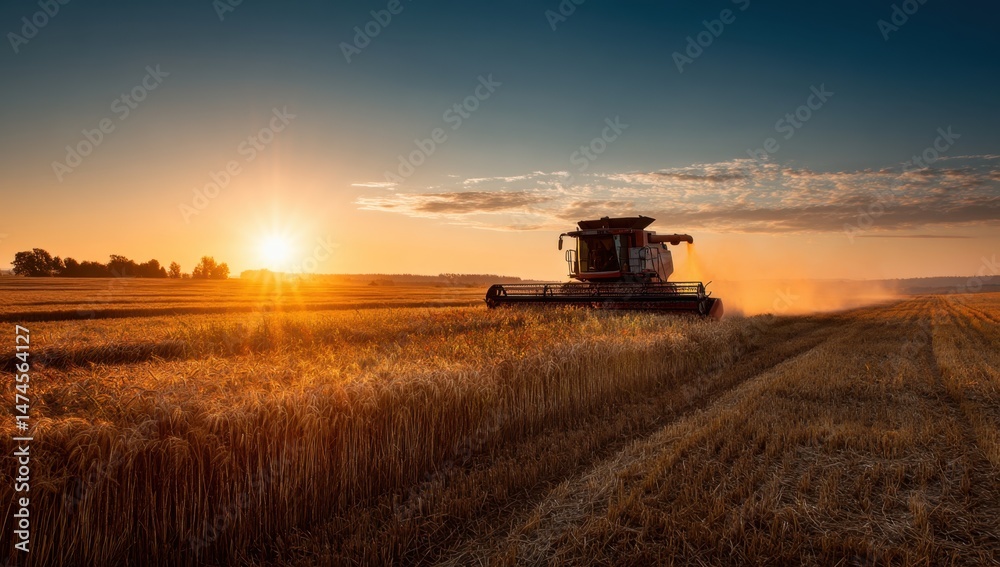 Obraz premium Harvester working in wheat field at sunset