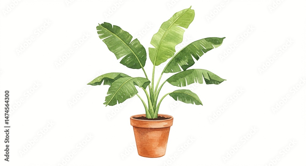 Fototapeta premium Watercolor painting of a lush tropical plant with vibrant green leaves in a terracotta pot, isolated against a plain background.